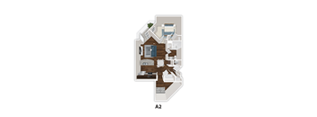 A 2 bedroom apartment with a living room, kitchen, and bathroom.