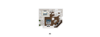 A 3D floor plan of a house with labeled rooms.