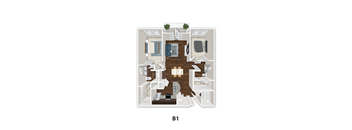 A floor plan of a one bedroom apartment with a living room, kitchen, and bathroom.