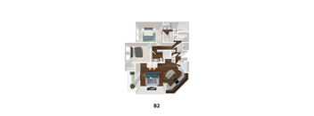 A top down view of apartment B2 showing a living room, kitchen, and two bedrooms.