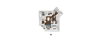 A floor plan of a B3 sized room with furniture and appliances.