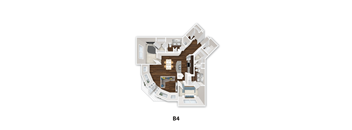 A floor plan of a home with a living room, dining room, kitchen, and two bedrooms.