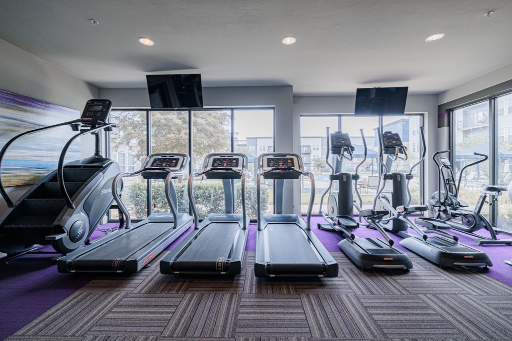 a gym with a variety of cardio equipment and windows
