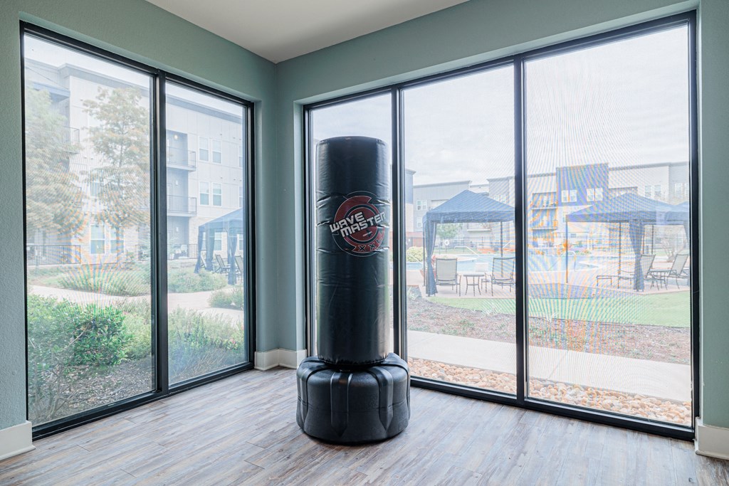 a room with a large punching bag in front of some windows