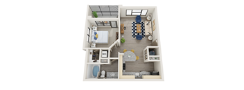 A top-down view of a small apartment with a bedroom, living room, and bathroom.