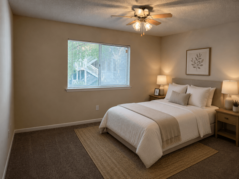 A bedroom with a large bed and a ceiling fan.
