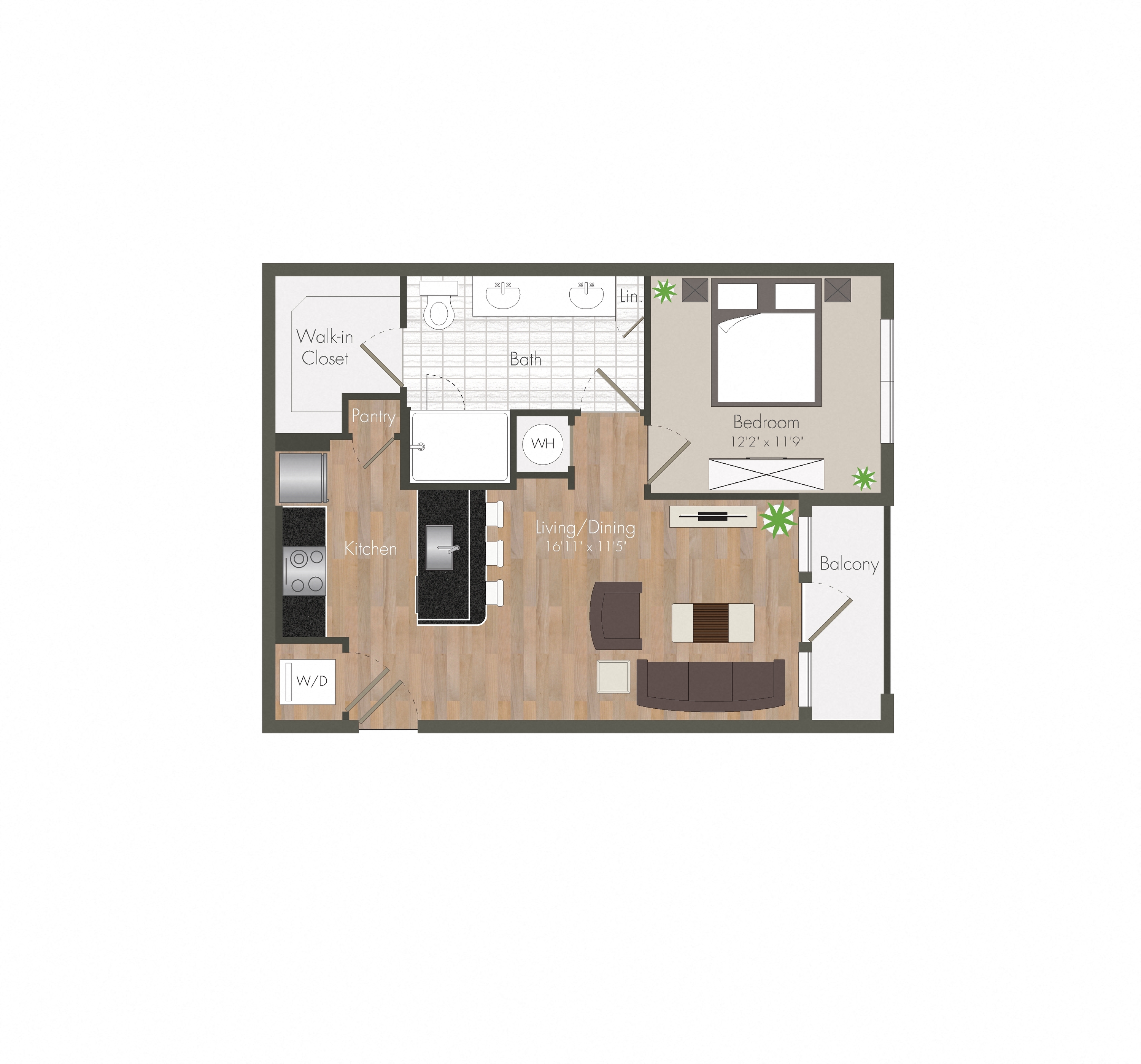 A floor plan of a house with a bedroom, kitchen, and balcony.