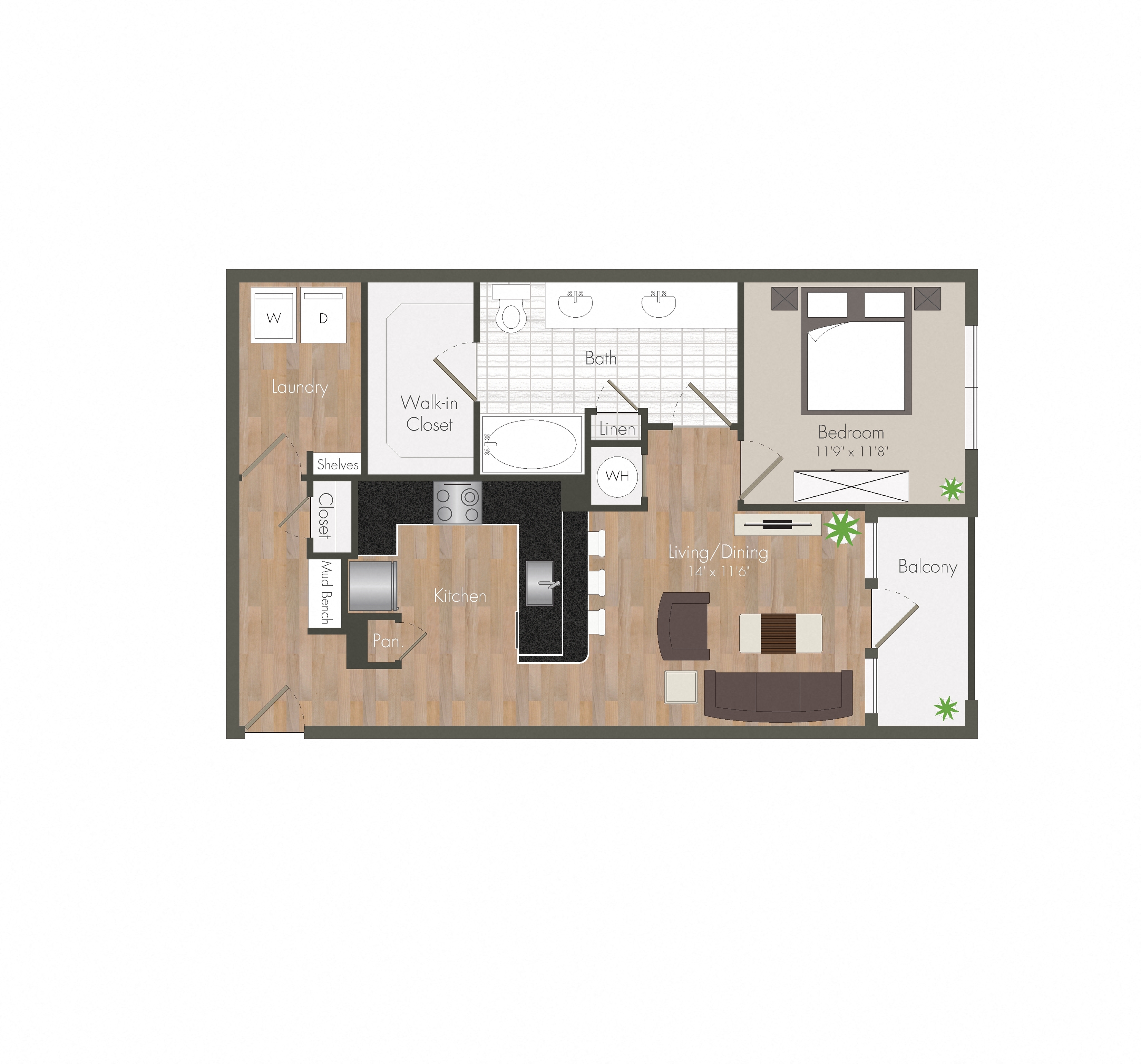 A floor plan of a small apartment with a living room, kitchen, bathroom, and bedroom.