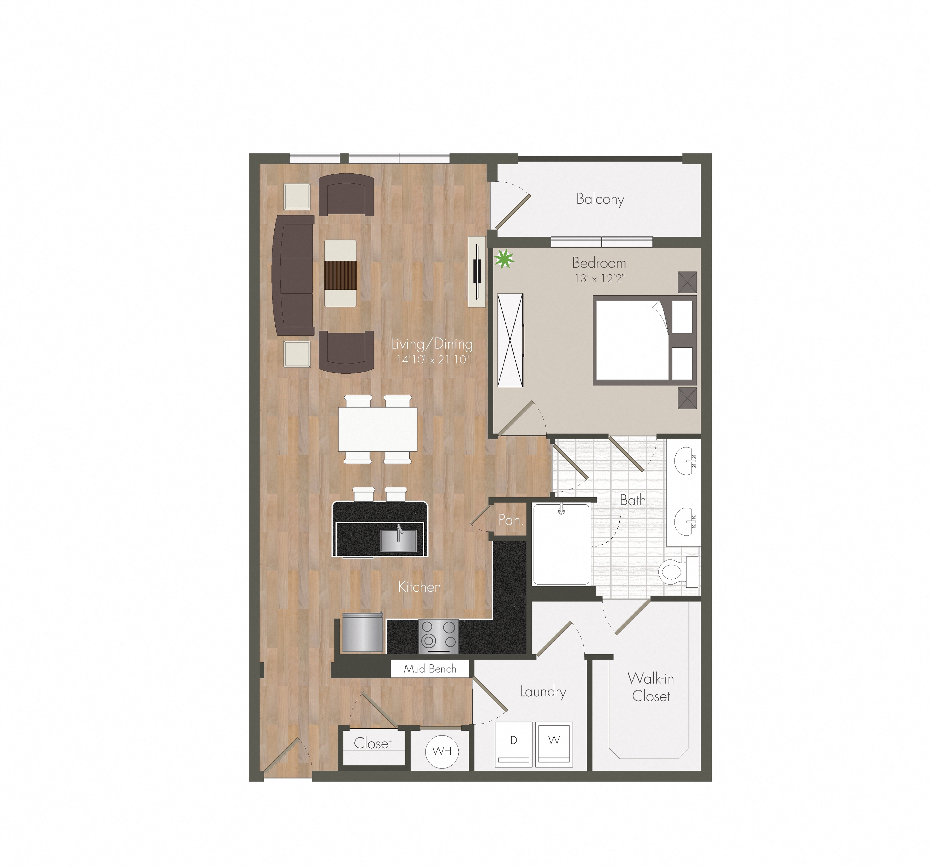 A floor plan of a small apartment with a living room, dining room, kitchen, and bathroom.