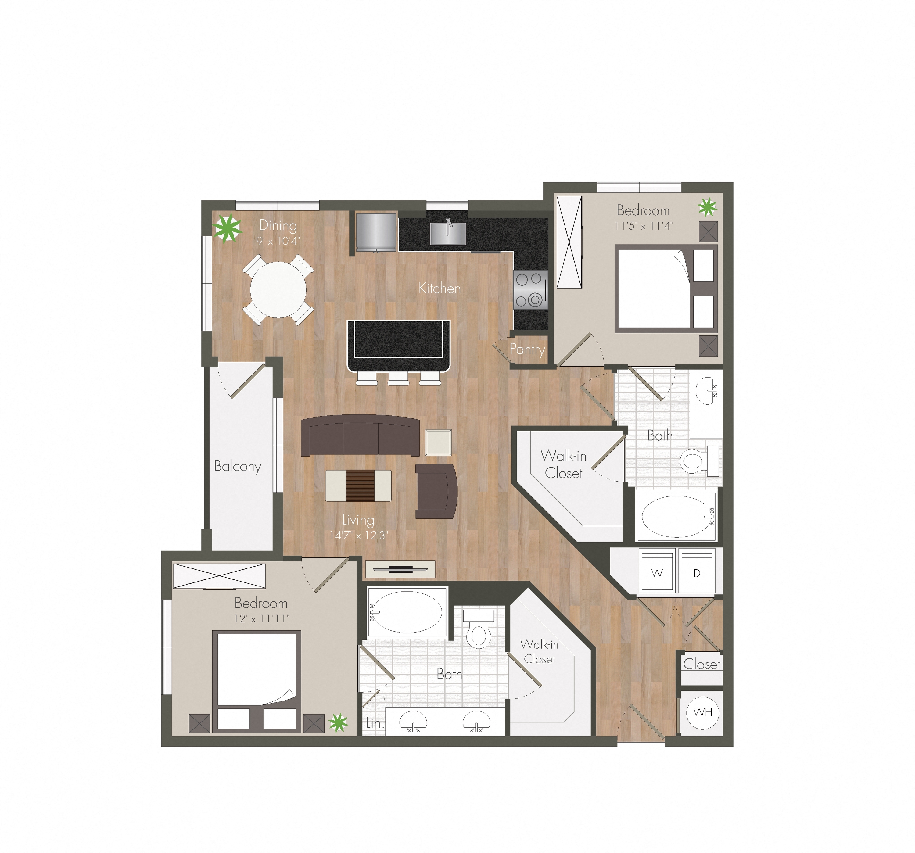 A floor plan of an apartment with a dining area, kitchen, living room, and two bedrooms.
