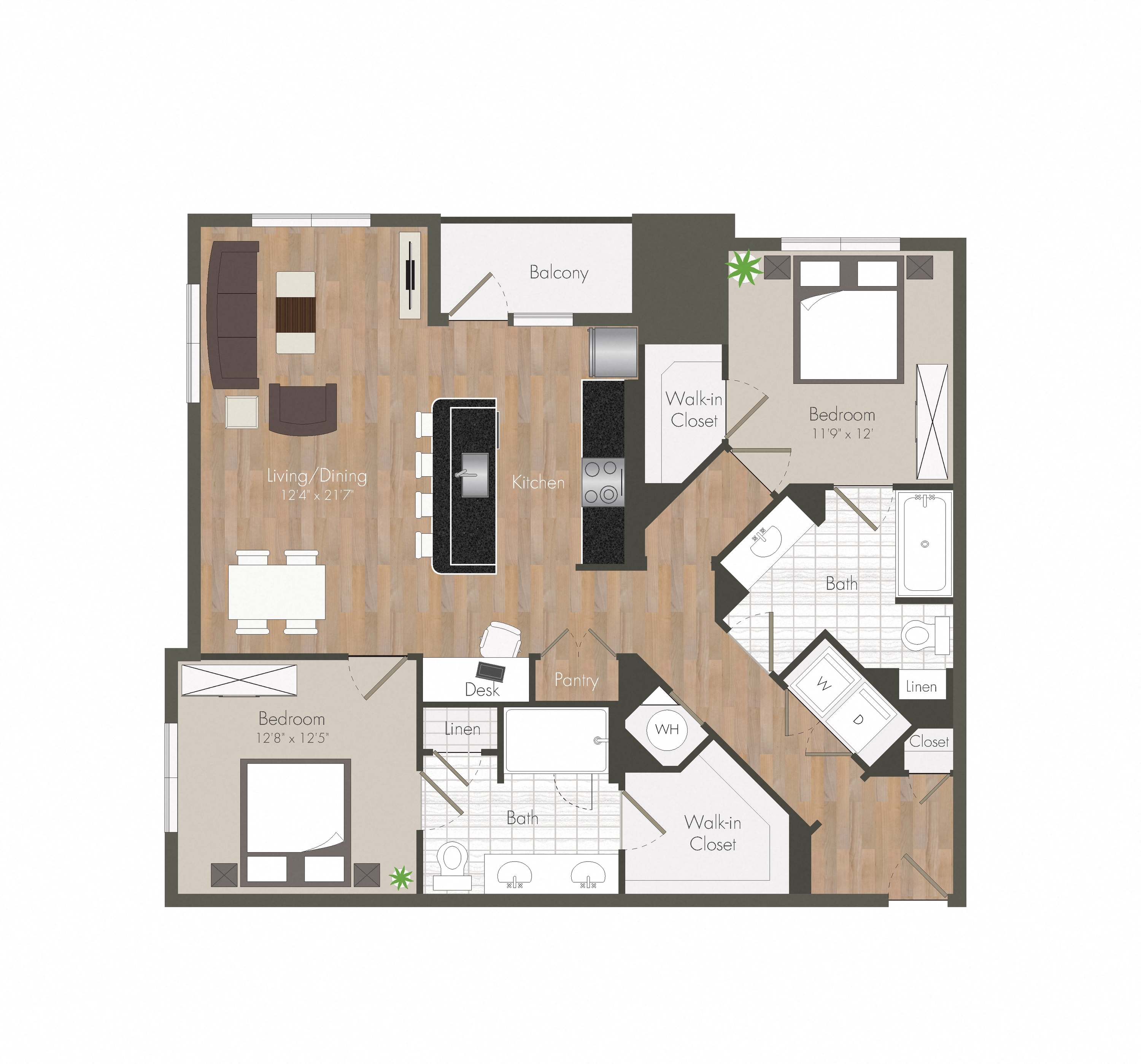 A floor plan of a house with a balcony, kitchen, and two bedrooms.