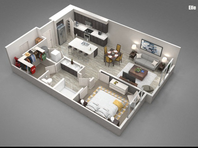 A 3D rendered image of a modern apartment layout.