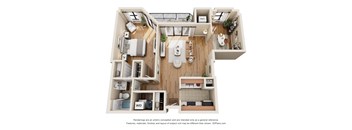 A 3D floor plan of a house with a kitchen, living room, and bathroom.