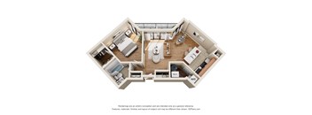 A 3D floor plan of a house with a kitchen, living room, dining room, and bathrooms.