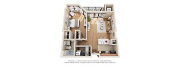 A 3D floor plan of a small apartment with a kitchen, living room, and bathroom.
