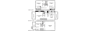 A floor plan of a house with three bedrooms, a living room, a kitchen, a bathroom, a garage, and a porch.