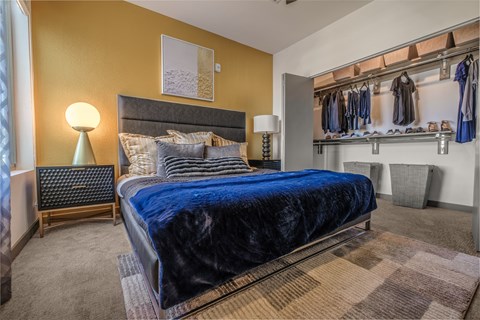 a bedroom with a large bed and a closet with clothes rails