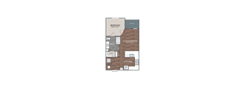 A diagram of a house layout with a bedroom, living room, kitchen, and bathroom.