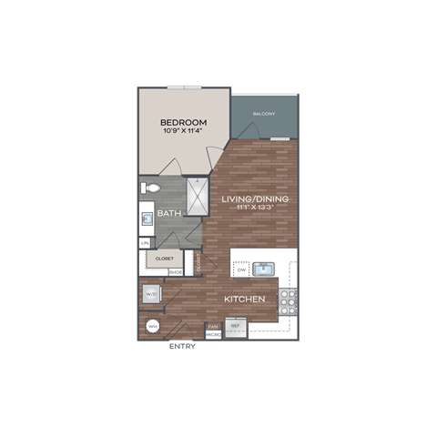A diagram of a house layout with a bedroom, living room, kitchen, and bathroom.