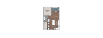 A floor plan of a small apartment with a bedroom, living room, and kitchen.