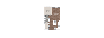 A floor plan of a small apartment with a bedroom, living/dining area, kitchen, and bathroom.