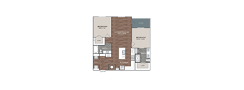 A floor plan of a house with two bedrooms, a living/dining area, a kitchen, a bath, and a laundry room.