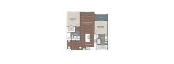 A floor plan of a home with two bedrooms, a living/dining area, a kitchen, a bath, and a laundry space.