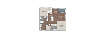 A floor plan of a house with two bedrooms, a living room, a kitchen, a dining room, a bathroom, and a balcony.
