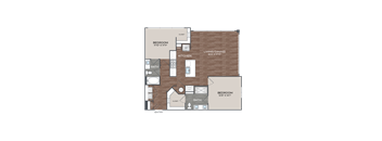 A floor plan of a small apartment with two bedrooms, a bathroom, a kitchen, and a living/dining area.
