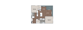 A floor plan of a house with two bedrooms, a living room, a kitchen, a bathroom, a dining room, and a balcony.