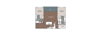 A floor plan of a house with two bedrooms, a living/dining area, a kitchen, a bathroom, an office, and a closet.