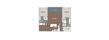 A floor plan of a house with two bedrooms, a living/dining area, a kitchen, an office, a bathroom, and a closet.