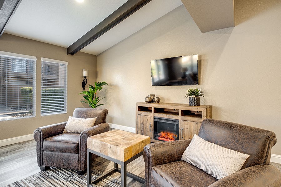 a living room with a fireplace and a tv