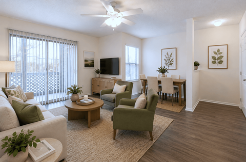 A living room with a white ceiling fan and a flat screen TV mounted on the wall.