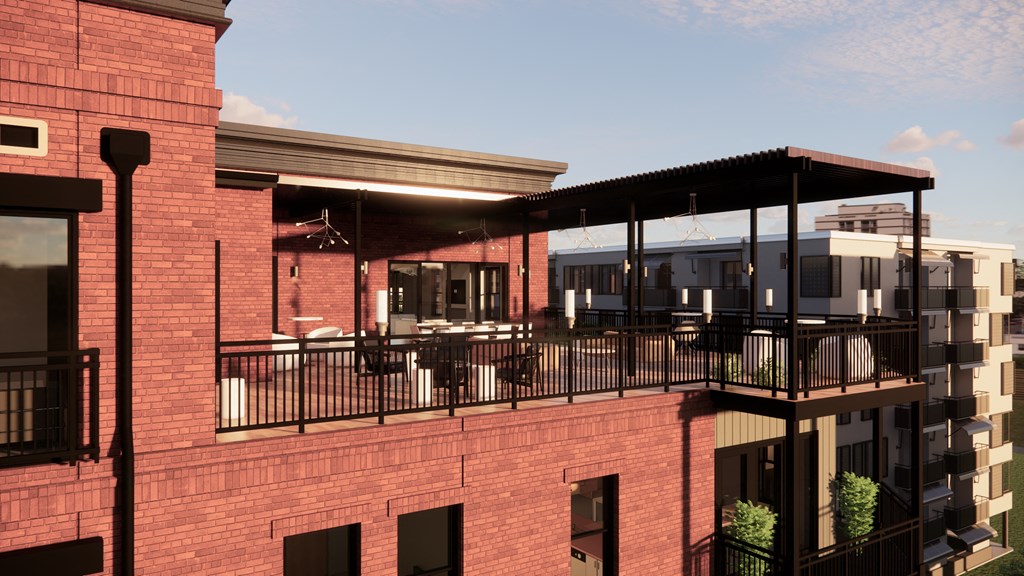 a rendering of an apartment building with a balcony and awning