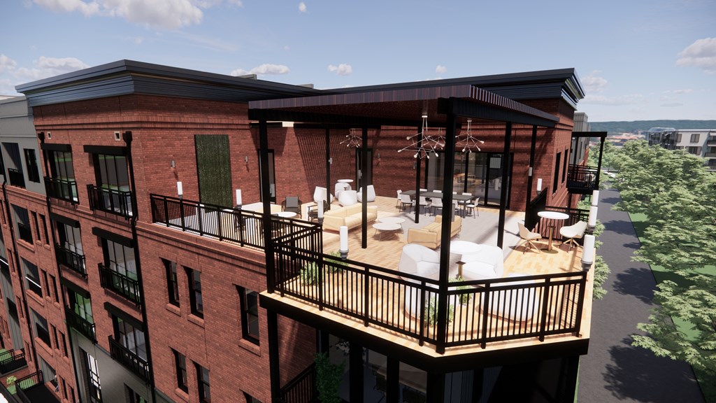 a rendering of a balcony on top of a brick building