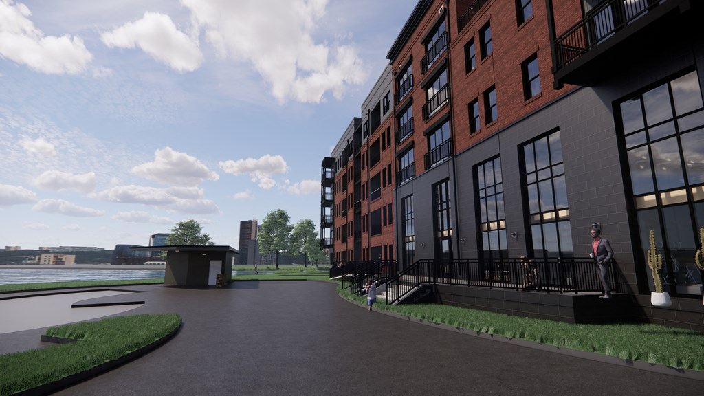 a rendering of a large building with a river in the background