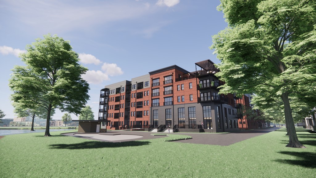 a rendering of an apartment building in a park