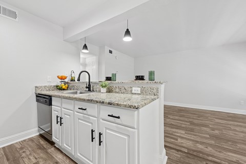 A kitchen with white cabinets and a granite countertop.