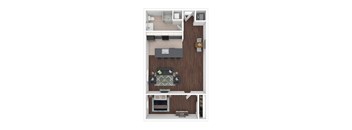 A top-down view of a small apartment with a kitchen, living room, and bathroom.