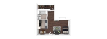 A top down view of a living room with a couch, coffee table, and fireplace.
