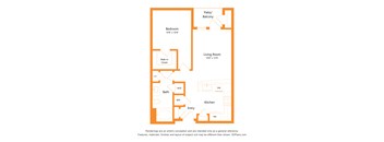 A floor plan of a house with a living room, kitchen, bath, and bedroom.