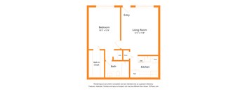 A floor plan of a home with a bedroom, living room, kitchen, bath, and walk-in closet.