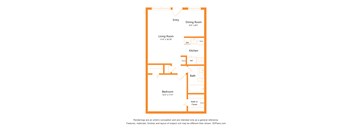 A floor plan of a house with an entry, dining room, living room, kitchen, bath, and bedroom.