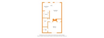 A floor plan of a small apartment with a living room, dining room, kitchen, bath, bedroom, and walk-in closet.