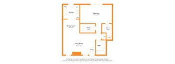 A floor plan of a small apartment with a kitchen, dining room, living room, bedroom, and bathroom.