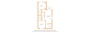 A floor plan of a house with two bedrooms, a living/dining room, a kitchen, a bath, and a patio/balcony.