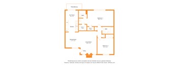 A floor plan of a house with a living room, dining room, kitchen, two bathrooms, and two bedrooms.