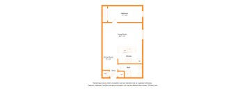 A floor plan of a house with a bedroom, living room, dining room, kitchen, bathroom, and entry.