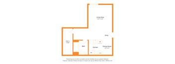 A floor plan of a house with a living area, kitchen, dining room, bath, and walk-in closet.